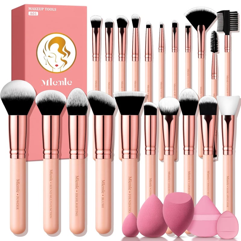 Mlemle Makeup Brushes Set, Professional 26 Pcs Makeup Kit, Include Powder Foundation Concealers Blush Eye shadows Eyebrow 21 Pcs Makeup Brushes and 2 Powder Puff, 3 Makeup Sponge(A01-Pink) - Image 1
